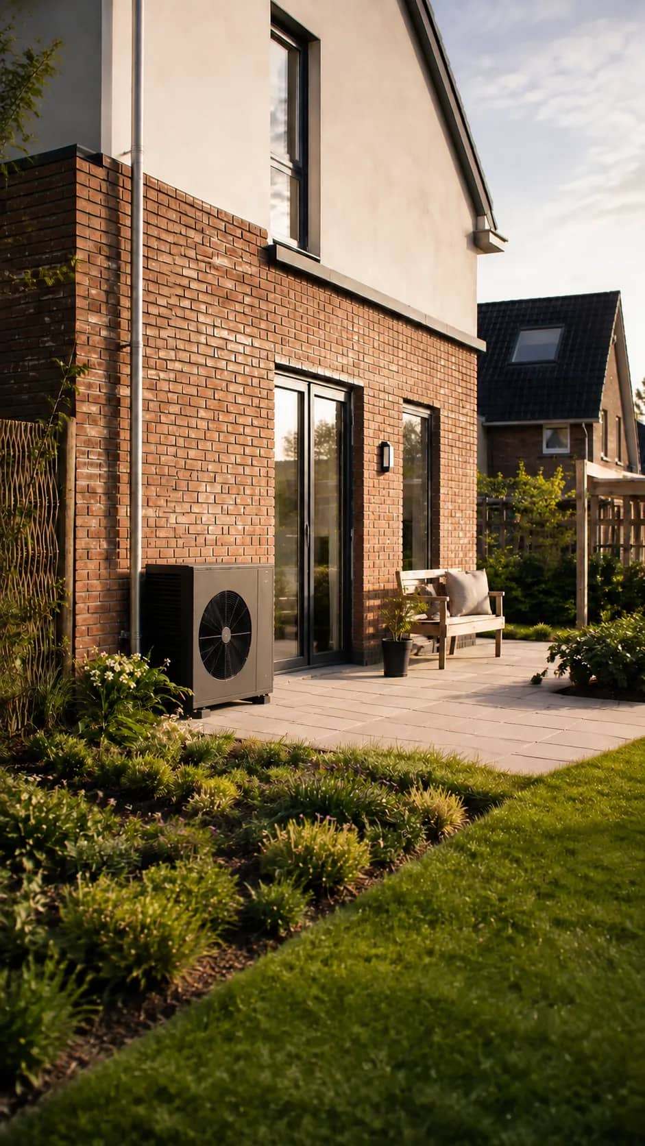 Warmtepomp buitenunit op het terras bij een woning
