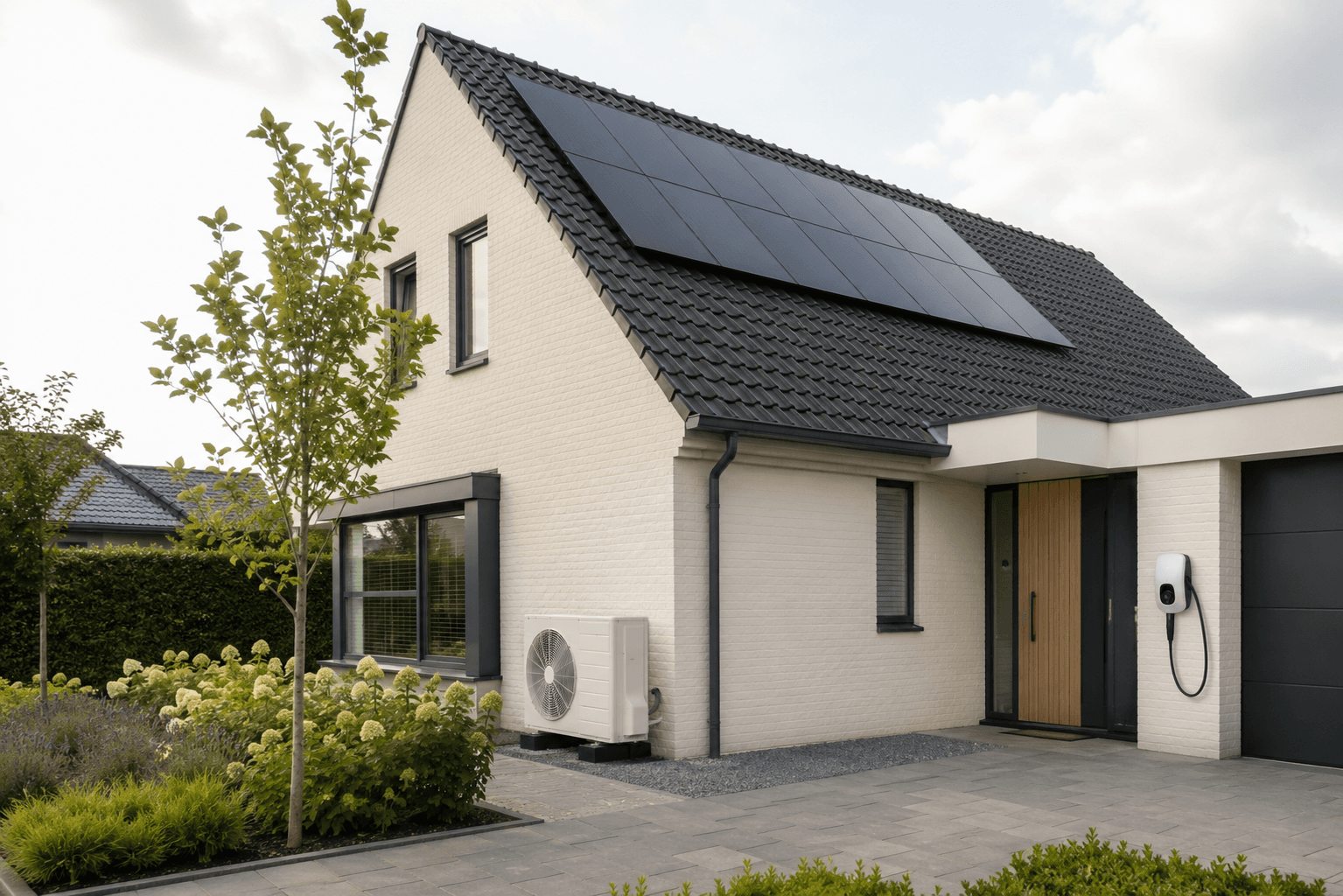 Woning met zonnepanelen, warmtepomp en laadpaal