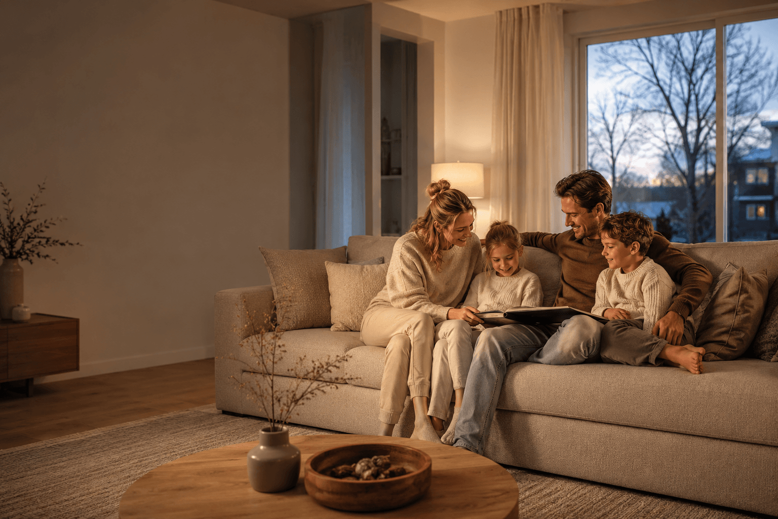 Gezin ontspannen thuis in een warme woonkamer