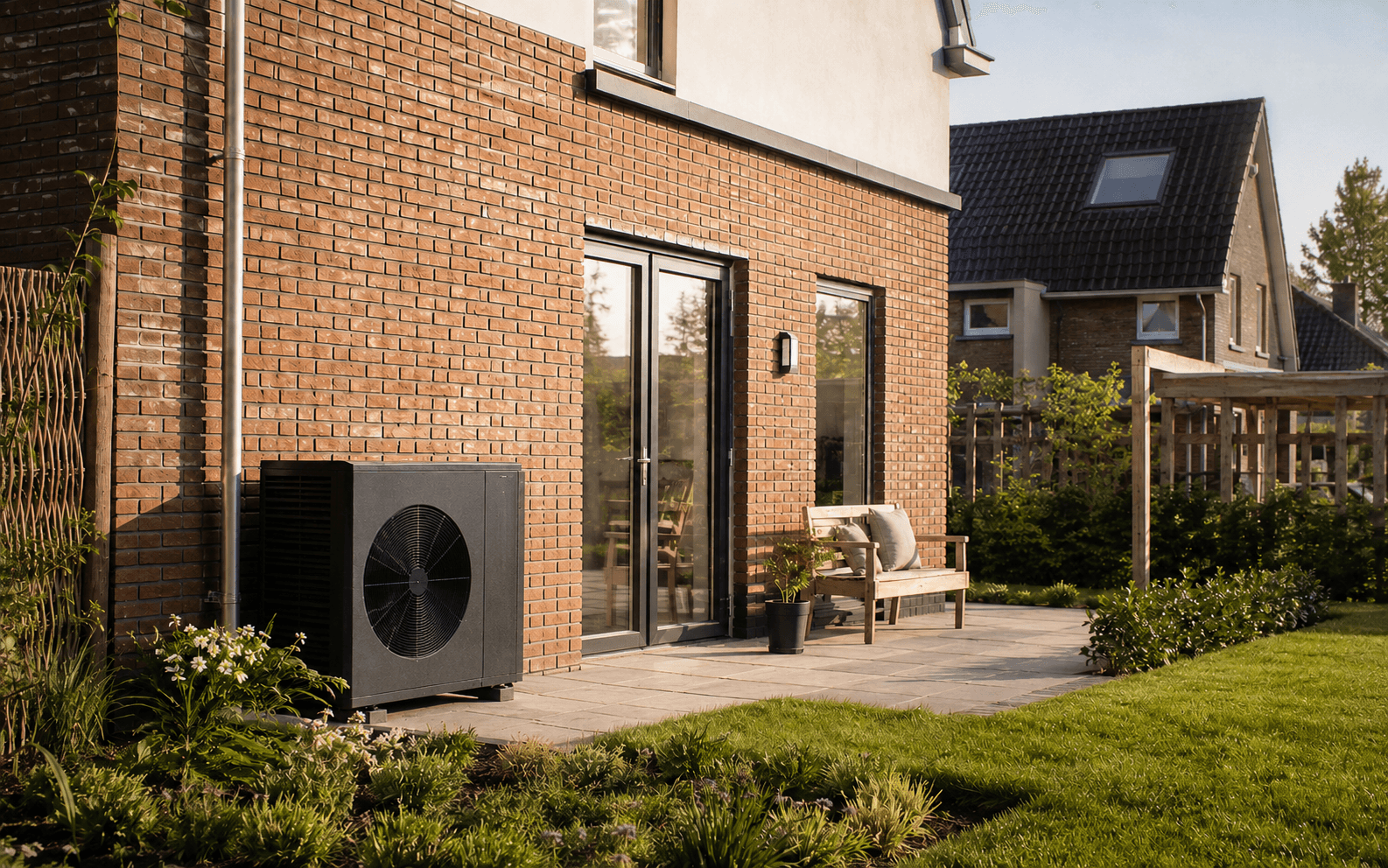 Warmtepomp buitenunit op het terras bij een woning