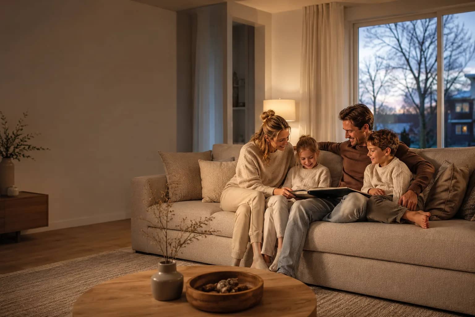 Gezin ontspannen thuis in een warme woonkamer