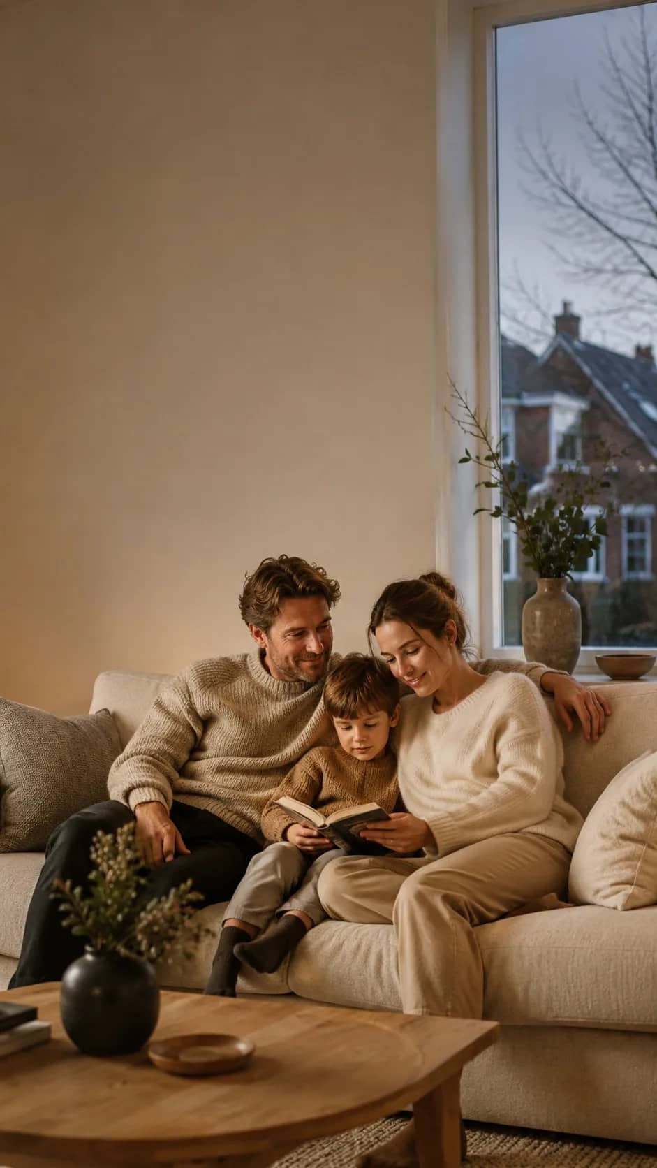 Gezin ontspannen thuis in een warme woonkamer